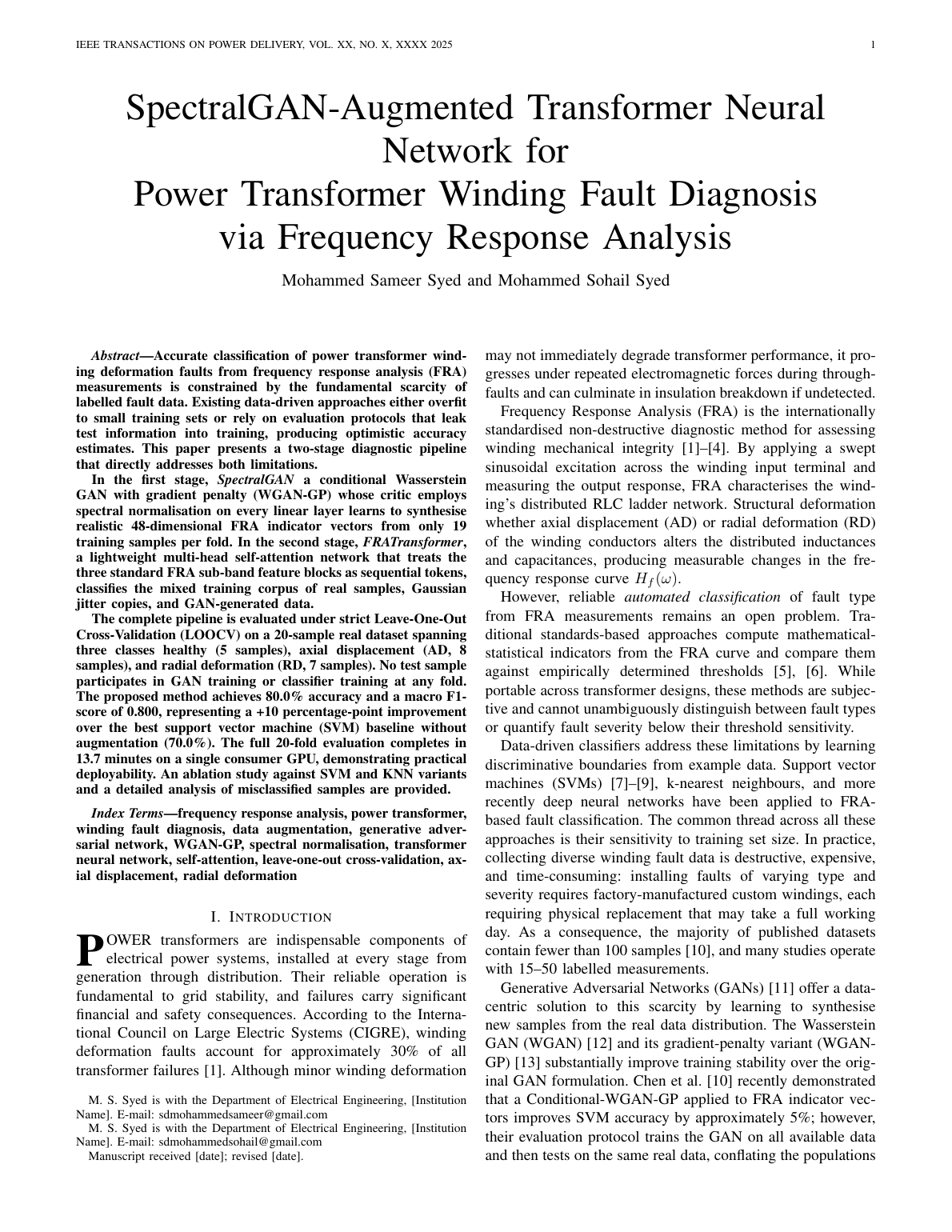 Fault Diagnosis of Power Transformer Using Frequency Response Analysis with the aid of SpectralGAN-Augmented Transformer Neural Network preview